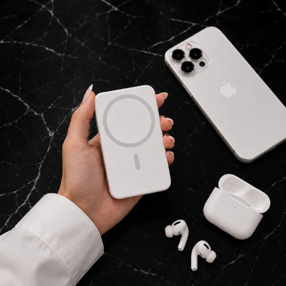Batterie externe Charge Zénith blanche compatible iphone et air pod avec design élégant et recharge sans fil 