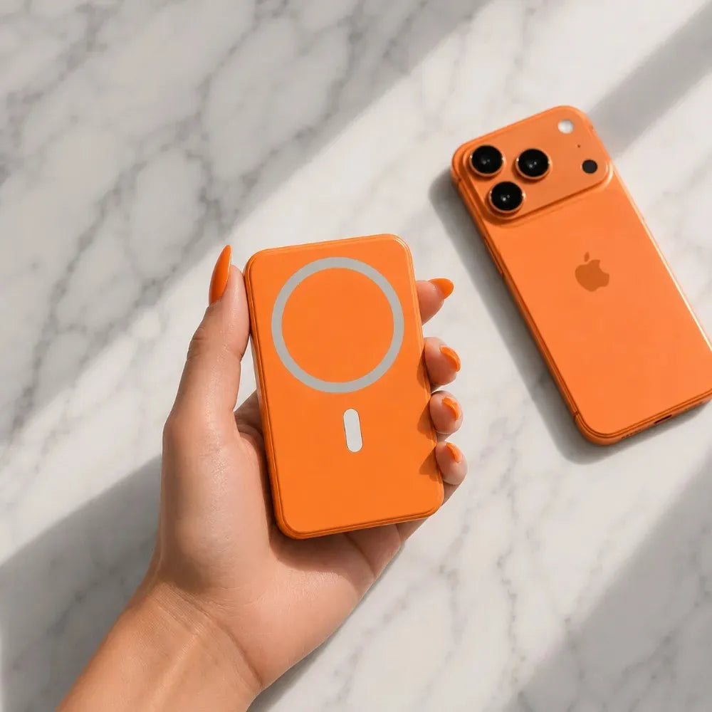 Batterie externe Charge Zénith orange compatible iphone avec design élégant et recharge sans fil 