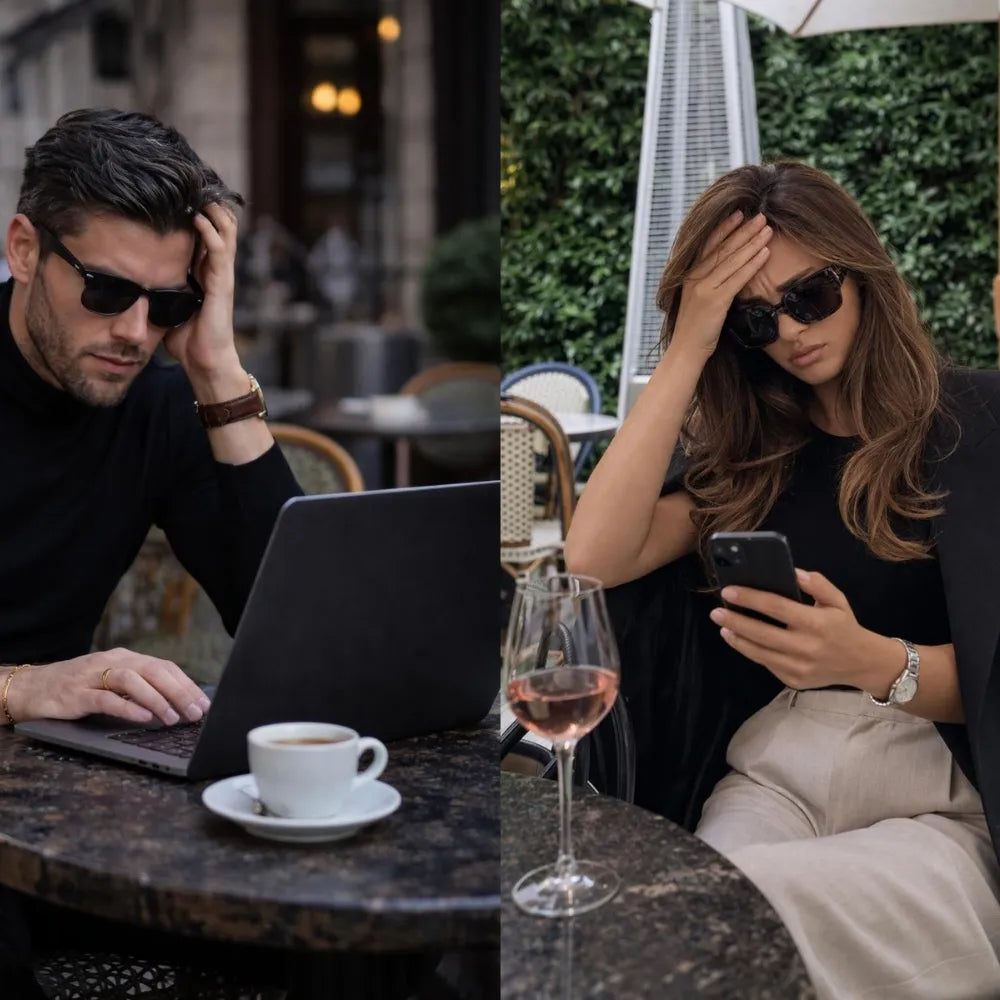 Homme et Femme en extérieur confrontés à une batterie faible sur smartphone et ordinateur portable 