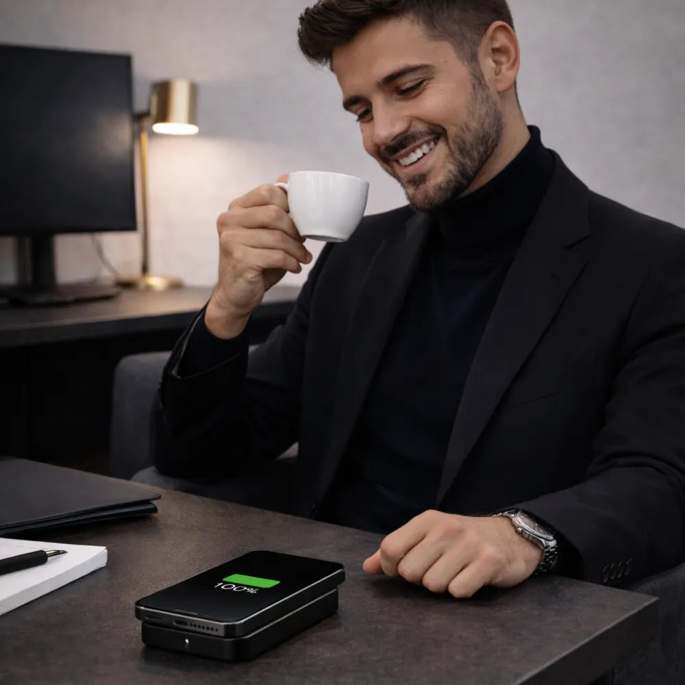 Homme satisfait utilisant une batterie externe Charge Zénith CZ Luxorya avec smartphone chargé en intérieur 